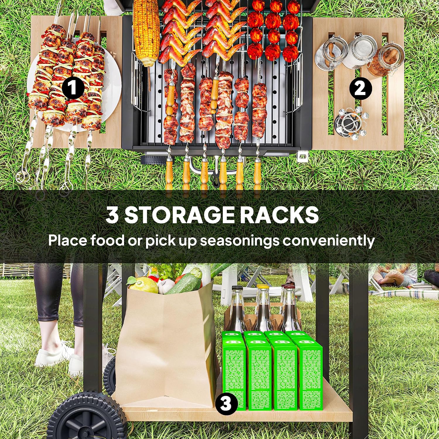 Portable Charcoal Grill with Adjustable Vents & Thermometer – 44' Heavy-Duty BBQ Grill with 3-Level Charcoal Pan, Wheels & Side Shelves – Backyard/Camping Grill (Black/Nature Wood)