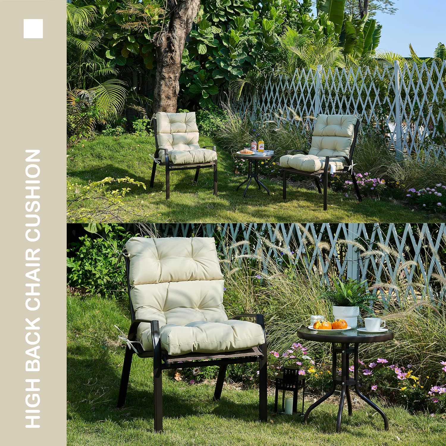 Outdoor Indoor High Back Chair Cushions Set of 4,Waterproof All-Weather Patio Adirondack Rocking Chair Cushions,Seat Back Chair Cushion for Outdoor Furniture with Ties,45x22 Inch, Beige