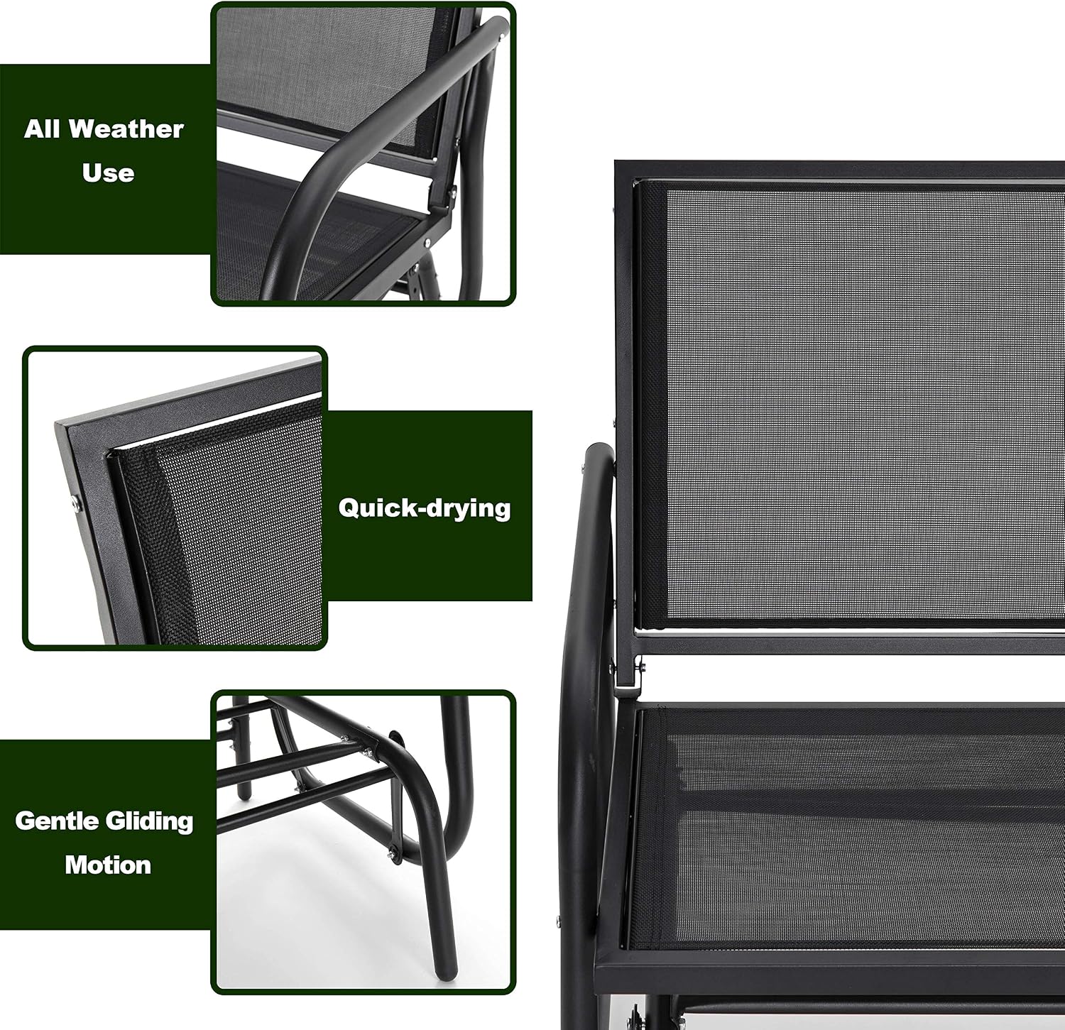 NUU GARDEN 2 Person Outdoor Glider Bench Patio Glider, Patio Glider Swing Chair with Powder Coated Steel Frame and Breathable Seat Fabric, Black Outdoor Loveseat, Black