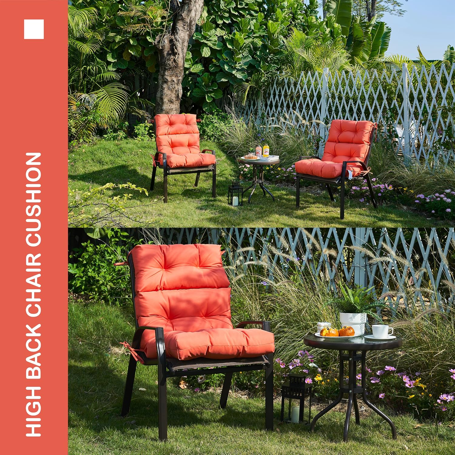 Outdoor Indoor High Back Chair Cushions Set of 4,Waterproof All-Weather Patio Adirondack Rocking Chair Cushions,Seat Back Chair Cushion for Outdoor Furniture with Ties,45x22 Inch, Orange