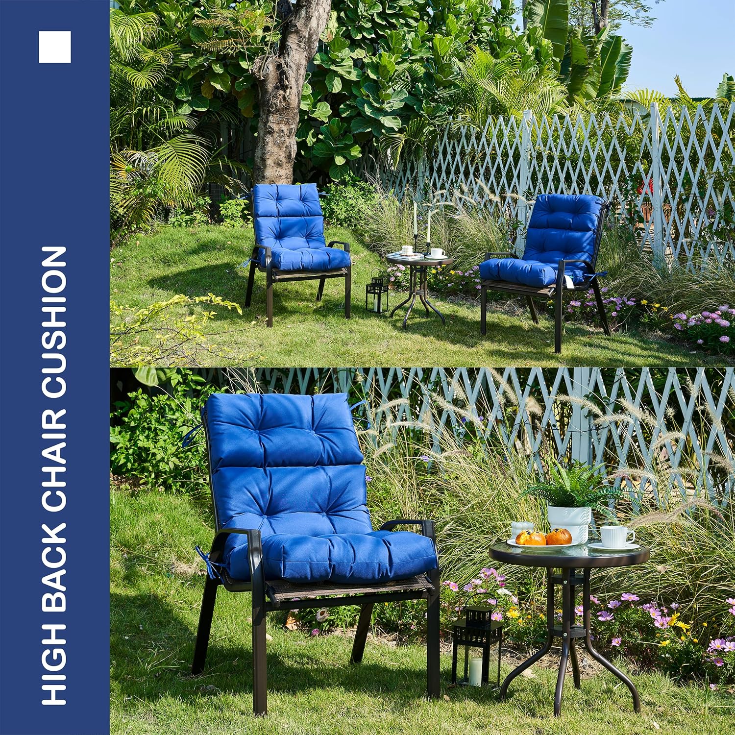 Outdoor Indoor High Back Chair Cushions Set of 4,Waterproof All-Weather Patio Adirondack Rocking Chair Cushions,Seat Back Chair Cushion for Outdoor Furniture with Ties,45x22 Inch, Navy Blue