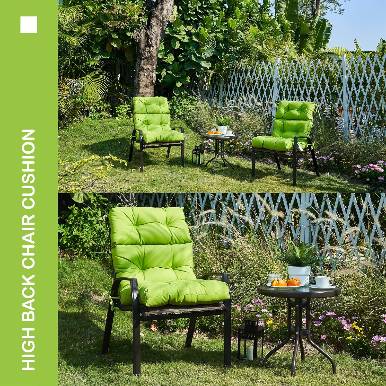 Outdoor Indoor High Back Chair Cushions Set of 4,Waterproof All-Weather Patio Adirondack Rocking Chair Cushions,Seat Back Chair Cushion for Outdoor Furniture with Ties,45x22 Inch, Lime Green