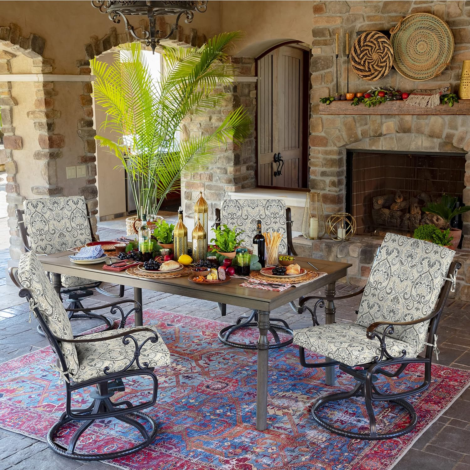 Arden 4-Pack Outdoor Patio Dining Chair Cushion, 20x44, Rain-Proof Seat Pad, Fade-Resistant Outdoor Cushion Neutral Aurora Damask